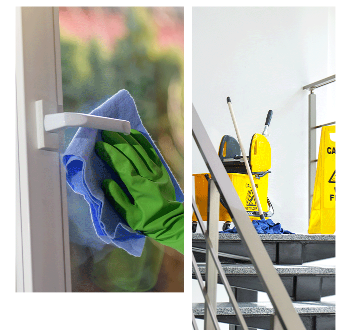 Concept of commercial cleaners in St. Louis. Cleaner wearing latex gloves cleans glass windows.